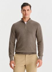 PAKO LORENTE - Brązowy sweter z rozpinaną stójką. Brązowe swetry męskie Pako Lorente, na jesień, m, bez wzorów, z bawełny, bez kołnierzyka, bez ramiączek. Za 299.99 zł.