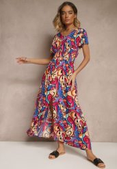 Różowa Sukienka z Bawełny w Abstrakcyjny Wzór Emisienna. Czerwone sukienki damskie Renee, na imprezę, na lato, l, bez wzorów, z bawełny, eleganckie, bez kołnierzyka, bez ramiączek, maxi. Za 49.99 zł.