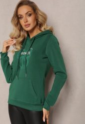 Zielona Bluza Wykończona Polarem z Nadrukiem i Kapturem Nimba. Zielone bluzy damskie Renee, m, bez wzorów, z bawełny, casualowe, bez ramiączek. Za 79.99 zł.