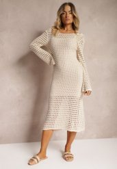 Beżowa Sukienka Dzianinowa Midi w stylu Boho z Głębokim Dekoltem na Plecach Moralie. Brązowe sukienki damskie Renee, na co dzień, bez wzorów, z dzianiny, boho, bez kołnierzyka, bez ramiączek, midi, proste. Za 89.99 zł.