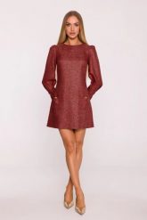 Elegancka sukienka tweedowa trapezowa mini bordowa. Czerwone sukienki damskie MOE, do pracy, s, bez wzorów, z dzianiny, biznesowe, bez kołnierzyka, bez ramiączek, mini, dopasowane. Za 319.00 zł.
