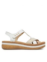 Rieker Sandały V0919-80 Biały. Białe sandały damskie Rieker, bez wzorów, z materiału, bez obcasa, na koturnie, bez zapięcia. Za 239.99 zł.