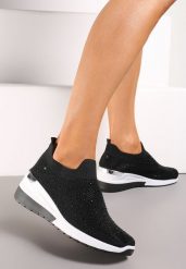 Czarne Wsuwane Sneakersy z Cyrkoniami na Koturnie Tireva. Czarne obuwie sportowe damskie Renee, bez wzorów, bez zapięcia. Za 59.99 zł.