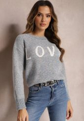 Granatowy Sweter z Ozdobnym Napisem Wykończony Ściągaczami Minisoji. Niebieskie swetry nierozpinane damskie Renee, l, bez wzorów, z elastanu, casualowe, bez kołnierzyka, bez ramiączek. Za 99.99 zł.