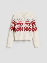 Wzorzysty kardigan - czerwony. Czerwone kardigany damskie Reserved, l, bez wzorów, z dzianiny, bez kołnierzyka. Za 159.99 zł.