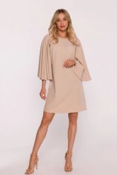Elegancka sukienka trapezowa z bufiastymi rękawami beżowa. Brązowe sukienki damskie Stylove, s, bez wzorów, eleganckie, bez kołnierzyka, bez ramiączek, trapezowe. Za 329.00 zł.