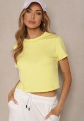 Żółty Bawełniany T-shirt o Fasonie Cropped Galionela. Żółte t-shirty damskie Renee, l, bez wzorów, z bawełny, bez kołnierzyka, bez ramiączek. Za 54.99 zł.