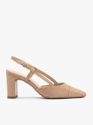 Beżowe czółenka typu slingback. Brązowe czółenka damskie Brawo sp. z o.o., bez wzorów, ze skóry, z okrągłym noskiem, bez obcasa, na słupku, bez zapięcia. Za 379.99 zł.
