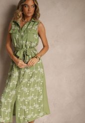 Zielona Sukienka Koszulowa z Wiązanym Paskiem i Haftowanym Zdobieniem Malenea. Zielone sukienki damskie Renee, na co dzień, l, z aplikacjami, z jeansu, eleganckie, bez kołnierzyka, bez ramiączek, maxi, koszulowe. Za 99.99 zł.