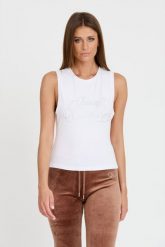 JUICY COUTURE Biały top Juicy Script Tank. Białe topy damskie Juicy Couture, s, bez wzorów, bez kołnierzyka, bez ramiączek. W wyprzedaży za 145.99 zł.