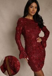 Bordowa Dopasowana Sukienka Ozdobiona Cekinami i Kwiatami 3D Raweda. Czerwone sukienki damskie Renee, na co dzień, na wiosnę, l, bez wzorów, z poliesteru, bez kołnierzyka, bez ramiączek, midi, dopasowane. Za 229.99 zł.