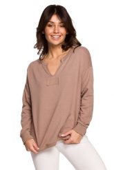 Efektowna Bluza z Wycięciem przy Dekolcie - Cappuccino. Czarne bluzy damskie MOE, l, bez wzorów, z bawełny, bez ramiączek, bez kaptura. Za 204.90 zł.