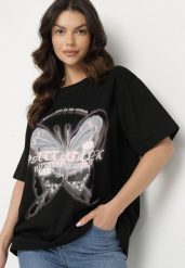 Czarny T-shirt Oversize z Bawełny z Nadrukiem z Motylem Nonatira. Czarne t-shirty damskie Born2be, m, bez wzorów, z bawełny, eleganckie, bez kołnierzyka, bez ramiączek. Za 49.99 zł.