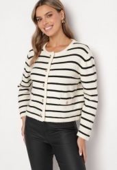 Kremowo-Czarny Rozpinany Kardigan z Kaszmirem w Paski z Imitacjami Kieszonkami Edrialla. Brązowe kardigany damskie Born2be, l, bez wzorów, z jeansu, eleganckie, bez kołnierzyka. Za 119.99 zł.