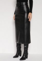 Czarna Spódnica Ołówkowa z Imitacji Skóry z Paskiem z Dużą Klamrą Rewedia. Czarne spódnice damskie Born2be, do pracy, l, bez wzorów, ze skóry, biznesowe, midi, koszulowe. Za 129.99 zł.