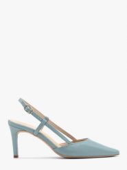 Niebieskie czółenka typu slingback. Niebieskie czółenka damskie Ryłko, bez wzorów, ze skóry, bez obcasa, na szpilce, bez zapięcia. W wyprzedaży za 269.99 zł.