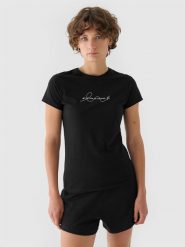 4F T-shirt slim z nadrukiem damski - czarny XS. Czarne t-shirty damskie 4F, xs, bez wzorów, z dzianiny, klasyczne, bez kołnierzyka, bez ramiączek. Za 29.99 zł.