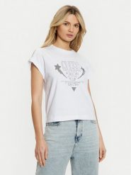 Guess T-Shirt W5RI06 I3Z14 Biały Regular Fit. Białe t-shirty damskie Guess, s, z aplikacjami, z bawełny, bez kołnierzyka, bez ramiączek. Za 129.99 zł.