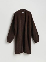 Długi kardigan - ciemnobrązowy. Brązowe kardigany damskie Reserved, l, bez wzorów, z dzianiny, bez kołnierzyka. Za 159.99 zł.