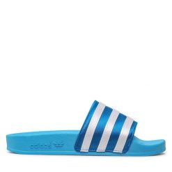 Klapki adidas. Niebieskie klapki damskie Adidas, bez wzorów, sportowe, bez obcasa, bez zapięcia. Za 159.99 zł.