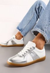 Srebrno-Białe Sneakersy Tenisówki z Ozdobnymi Przeszyciami Sumina. Białe trampki i tenisówki damskie Renee, bez wzorów, z materiału, bez zapięcia. Za 69.99 zł.