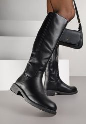 Czarne Dopasowane Kozaki Vices z Imitacji Skóry w Stylu Basic Lonavie. Czarne kozaki damskie Renee, z aplikacjami, z jeansu, bez obcasa, na płaskiej podeszwie, bez zapięcia. Za 119.99 zł.