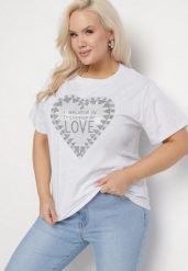 Jasnoszary Bawełniany T-shirt z Cyrkoniami Napisem i Sercem Viltebia. Szare t-shirty damskie Born2be, xl, z aplikacjami, z bawełny, klasyczne, bez kołnierzyka, bez ramiączek. Za 39.99 zł.