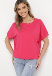 Ciemnoróżowy T-shirt z Krótkimi Rękawami i Dłuższym Tyłem Cercisa. Czerwone t-shirty damskie Born2be, bez wzorów, z bawełny, klasyczne, bez kołnierzyka, bez ramiączek. Za 29.99 zł.