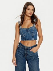 Guess Top W5RH03 D5ACC Granatowy Slim Fit. Niebieskie topy damskie Guess, l, z aplikacjami, z bawełny, bez kołnierzyka, bez ramiączek. Za 399.99 zł.