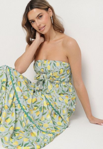 Ciemnozielona Sukienka w Cytryny z Kokardą Galadessa. Zielone sukienki damskie Born2be, na co dzień, na lato, m, bez wzorów, eleganckie, bez kołnierzyka, bez ramiączek. Za 129.99 zł.