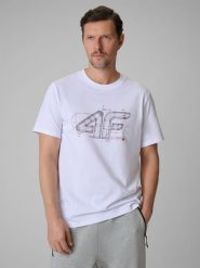 4F T-shirt regular z nadrukiem męski - biały M. Białe t-shirty męskie 4F, m, bez wzorów, z bawełny, bez kołnierzyka, bez ramiączek. Za 59.99 zł.