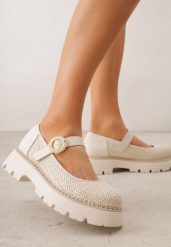 Beżowe Skórzane Półbuty Mary Jane w Stylu Chunky Zdobione Plecionką Morxina. Brązowe półbuty damskie Renee, z aplikacjami, z jeansu, retro, bez obcasa, bez zapięcia. Za 89.99 zł.