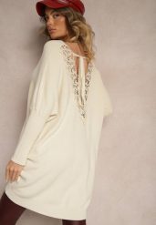 Jasnobeżowy Sweter z Modalem i Wiskozą Ozdobiony Koronką Zinnorela. Brązowe swetry nierozpinane damskie Renee, z aplikacjami, z koronki, biznesowe, bez kołnierzyka, bez ramiączek. Za 99.99 zł.