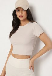 Beżowy T-shirt z Prążkowanego Materiału o Krótkim Kroju Telunna. Brązowe t-shirty damskie Born2be, l, bez wzorów, z jeansu, eleganckie, bez kołnierzyka, bez ramiączek. Za 29.99 zł.
