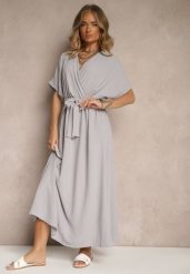 Szara Rozkloszowana Sukienka z Bawełną i Paskiem Lunapinia. Szare sukienki damskie Renee, na co dzień, l, bez wzorów, z bawełny, bez kołnierzyka, bez ramiączek, maxi, kopertowe. Za 54.99 zł.