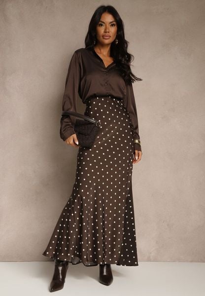 Brązowa Spódnica High Waist w Kropki o Trapezowym Kroju Ravea. Brązowe spódnice damskie Renee, do pracy, l, bez wzorów, biznesowe, z podwyższonym stanem, maxi, trapezowe. Za 109.99 zł.