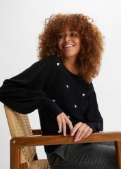 Cienki sweter z mieszanki wiskozy. Czarne swetry nierozpinane damskie bonprix, bez wzorów, z wiskozy, bez kołnierzyka, bez ramiączek. Za 112.99 zł.