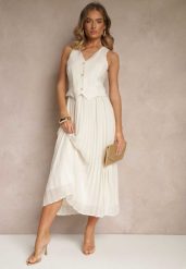 Jasnobeżowa Wiskozowa Sukienka z Plisami i Wszytą Kamizelką Silitha. Brązowe sukienki damskie Renee, na co dzień, l, bez wzorów, z wiskozy, eleganckie, bez kołnierzyka, bez ramiączek, maxi, plisowane. Za 149.99 zł.