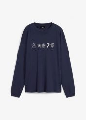 Bluzka oversize z długim rękawem i haftowanymi świątecznym motywami. Czerwone bluzki damskie bonprix, bez wzorów, wizytowe, bez kołnierzyka, bez ramiączek. Za 64.99 zł.