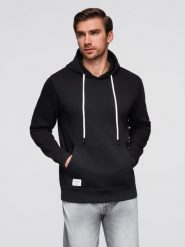Bluza męska dresowa kangurka z kapturem - czarna V5 - Rozmiar: L. Czarne bluzy męskie Ombre Clothing, l, bez wzorów, z bawełny, bez ramiączek, z kapturem. W wyprzedaży za 116.99 zł.