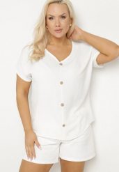 Biała Bluzka Ozdobiona Guziczkami z Przodu Mepiana. Białe bluzki damskie Born2be, xl, bez wzorów, z jeansu, eleganckie, bez kołnierzyka, bez ramiączek. Za 44.99 zł.