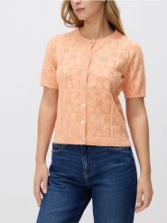 Ażurowy kardigan - jasnopomarańczowy. Brązowe kardigany damskie Reserved, l, w ażurowe wzory, z bawełny, bez kołnierzyka. Za 99.99 zł.