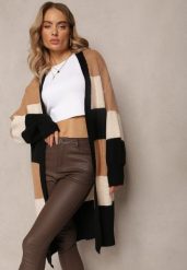 Brązowy Luźny Kardigan Niezapinany w Paski Blikoze. Brązowe kardigany damskie Renee, m, bez wzorów, z dzianiny, bez kołnierzyka. Za 129.99 zł.