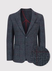 PAKO LORENTE – Granatowa marynarka casualowa w bordową kratę. Czerwone garnitury męskie Pako Lorente, bez wzorów, z jeansu, casualowe. Za 499.99 zł.