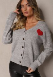 Jasnoszary Rozpinany Kardigan Ozdobiony Sercem Miathia. Szare kardigany damskie Renee, bez wzorów, z jeansu, eleganckie, bez kołnierzyka. Za 129.99 zł.