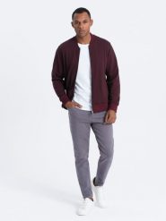 Jeansowe spodnie męskie bez przetarć SLIM FIT - grafitowe V5. Szare spodnie materiałowe męskie Ombre Clothing, bez wzorów, z bawełny. W wyprzedaży za 89.99 zł.