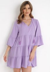 Fioletowa Sukienka Cillitrite. Fioletowe sukienki damskie Born2be, w ażurowe wzory, boho, bez kołnierzyka, bez ramiączek, mini, rozkloszowane. Za 29.99 zł.