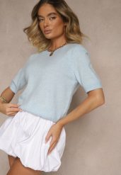 Niebieski Sweter z Wełną Krótkim Rękawem Ozdobiony Ściągaczami Emiralin. Niebieskie swetry nierozpinane damskie Renee, uniwersalny, bez wzorów, z jeansu, casualowe, bez kołnierzyka, bez ramiączek. Za 99.99 zł.