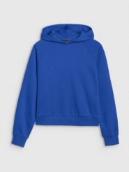4F Bluza dresowa nierozpinana z kapturem damska - niebieska S. Niebieskie bluzy damskie 4F, s, bez wzorów, z bawełny, klasyczne, bez ramiączek, z kapturem. W wyprzedaży za 99.99 zł.