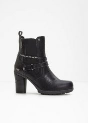 Botki Mustang. Czarne botki damskie bonprix, bez wzorów, bez obcasa, na obcasie, bez zapięcia. Za 349.99 zł.